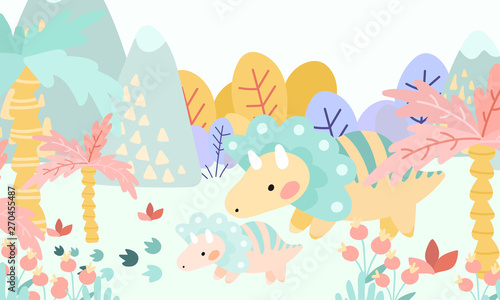 Greeting card. Prehistoric period. Cartoon Scandinavian vector illustration. For children s parties  parties. Cute childish landscape in the afternoon with dinosaurs  mountains  palm trees  plants  fl