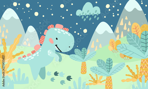 Greeting card. Prehistoric period. Cartoon Scandinavian vector illustration. For children's celebrations, parties. Cute childish night landscape with dinosaurs, mountains, palm trees, plants, flowers, © OllyKo