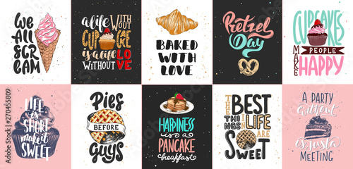 Set of bakery and sweet food lettering posters, greeting cards, decoration, prints. Hand drawn typography design elements. Handwritten lettering. Modern ink brush calligraphy.