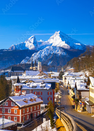 Historic town of Berchtesgaden with famous Watzmann mountain in the background, National park Berchtesgadener Land, Upper Bavaria, Germany