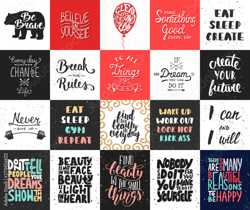 Set of 20 vector motivational and inspirational lettering posters, greeting cards, decoration, prints, t-shirt design. Hand drawn typography. Handwritten lettering. Modern ink brush calligraphy.