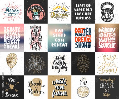 Set of 20 vector motivational and inspirational lettering posters, greeting cards, decoration, prints, t-shirt design. Hand drawn typography. Handwritten lettering. Modern ink brush calligraphy.