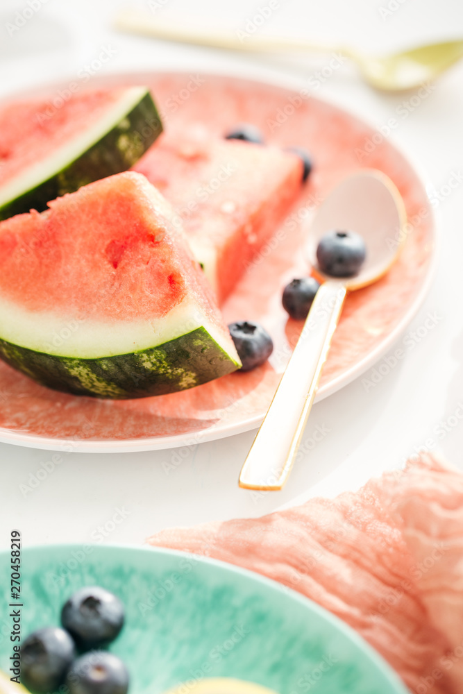 Close-Up of Watermelon Slice with Blueberries Close-Up of Watermelon Slice with Blueberries