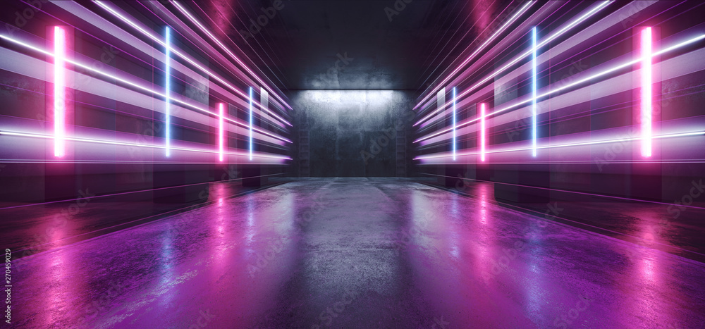 Neon Lights Sci Fi Purple Blue Line Shaped Glowing Vibrant Empty Space Grunge Concrete Tunnel Corridor Hallway Stage Spaceship Garage Underground 3D Rendering