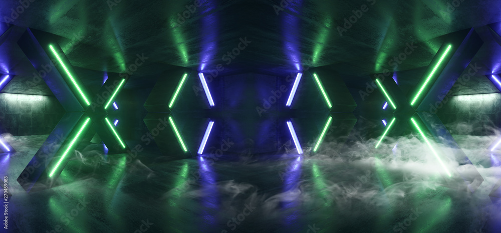 Smoke Sci Fi Futuristic Arrow Shaped Neon Lights Glowing Vibrant Blue Green Corridor Grunge Concrete Dark Reflective Virtual Podium Garage Stage Udnerground Spaceship 3D Rendering