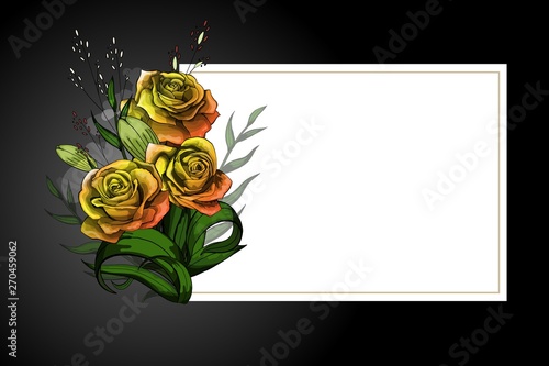 Yellow flower bouquet on white frame with black border strict postcard template