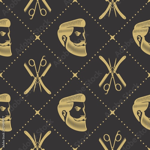 Barbershop seamless pattern with hipster face, hairdressing scissors and razor. Vector illustration.