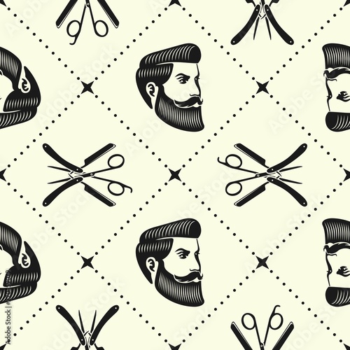Barbershop seamless pattern with hipster face, hairdressing scissors and razor. Vector illustration.