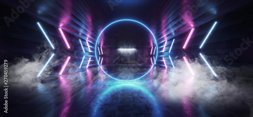 Smoke Sci Fi Futuristic Arrow Shaped Neon Lights Glowing Vibrant Blue Purple Corridor Grunge Concrete Dark Reflective Virtual Podium Garage Stage Udnerground Spaceship 3D Rendering