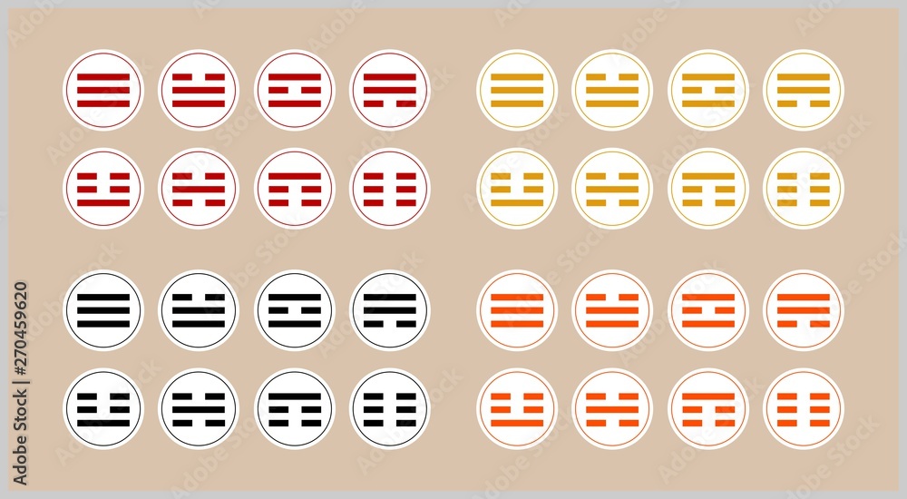 East Asia three lines magic symbols in white rounds with inner frames ...