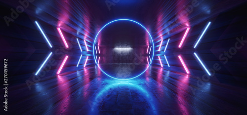 Fototapeta Naklejka Na Ścianę i Meble -  Futuristic Arrow Shaped Neon Lights Glowing Vibrant Blue Purple Corridor Grunge Concrete Dark Reflective Virtual Podium Garage Stage Udnerground Spaceship 3D Rendering