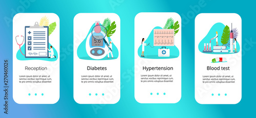 Landing page with magnifier and blood glucose testing meter, doctors, tiny people. Diabetes mellitus, type 2 diabetes and insulin production concept vector.