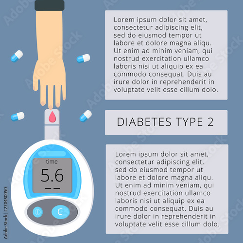 Poster, flyer, banner with magnifier and blood glucose testing meter. Diabetes mellitus, type 2 diabetes and insulin production concept vector.