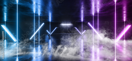 Wallpaper Mural Smoke Stage Club Neon Lights Futuristic Sci Fi Purple Blue Column Shaped Glowing Vibrant Empty Space Grunge Concrete Tunnel Corridor Stage Spaceship Garage Underground 3D Rendering Torontodigital.ca
