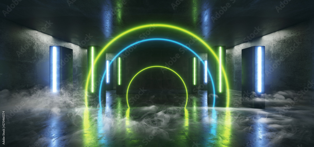 Smoke Stage Club Neon Lights Futuristic Sci Fi Blue Green Column Shaped Glowing Vibrant Empty Space Grunge Concrete Tunnel Corridor Stage Spaceship Garage Underground 3D Rendering
