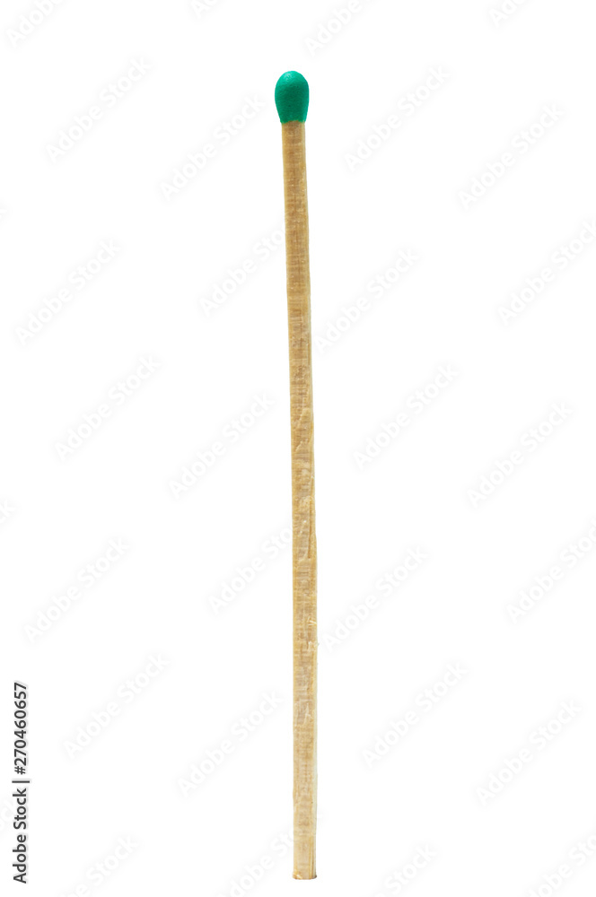Single long matchstick green head isolated on white background. Household equipment in kitchen. Single long matchstick green head isolated on white background. Household equipment in kitchen.