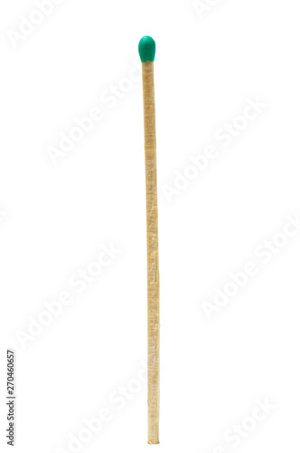Single long matchstick green head isolated on white background. Household equipment in kitchen.