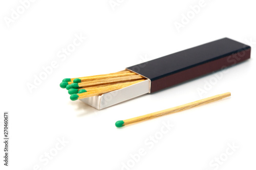 Many long matchsticks fill in long matchbox on white background.