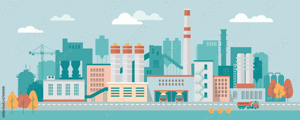 Stock vector illustration of an industrial zone with chemical factories, plants, ironworks, warehouses, enterprises in the flat style 