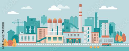 Stock vector illustration of an industrial zone with chemical factories, plants, ironworks, warehouses, enterprises in the flat style 