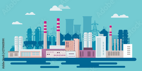 Stock vector illustration of an industrial zone with chemical factories, plants, ironworks, warehouses, enterprises in the flat style 