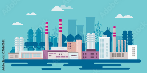 Stock vector illustration of an industrial zone with chemical factories  plants  ironworks  warehouses  enterprises in the flat style 