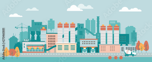 Stock vector illustration of an industrial zone with chemical factories, plants, ironworks, warehouses, enterprises in the flat style 