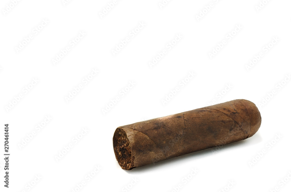 Cut and burned cigar on white background, world no tobacco day. Premium cigars from Havana, Cuba. Cut and burned cigar on white background, world no tobacco day. Premium cigars from Havana, Cuba.