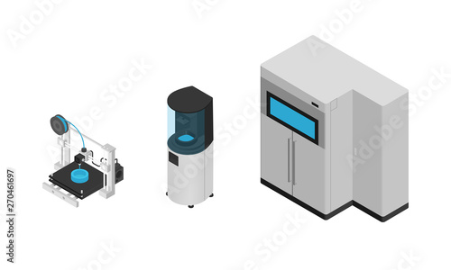 3D printer types in isometric style isolated on white background. 3D printers icons, vector illustrations.