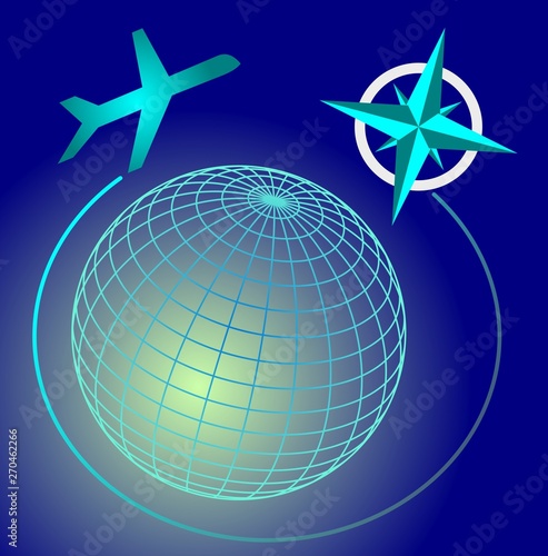Wireframe blue and green glowing globe on dark blue sky, cardinal directions symbole, transport airplane on airline, travel advertising, vector banner