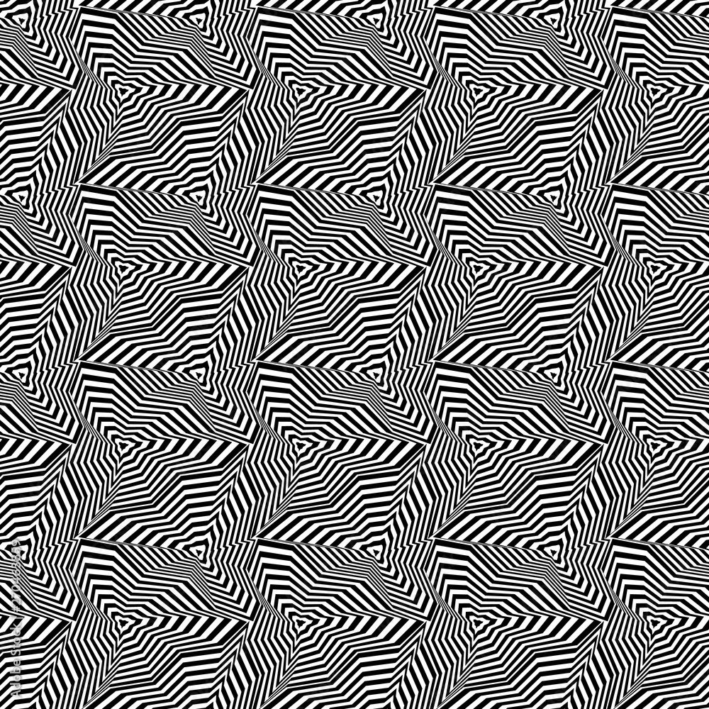 Abstract vector seamless op art pattern with warped triangles and stripes. Graphic ornament in white and black. Striped optical illusion repeating texture.