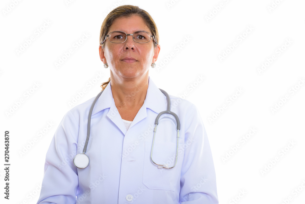 Studio shot of mature beautiful woman doctor with eyeglasses Studio shot of mature beautiful woman doctor with eyeglasses