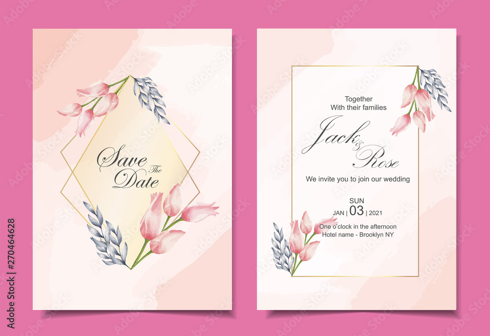 Luxury Wedding Invitation Cards Template of Watercolor Tulips and Leaves with Golden Frame and Beautiful Abstract Background