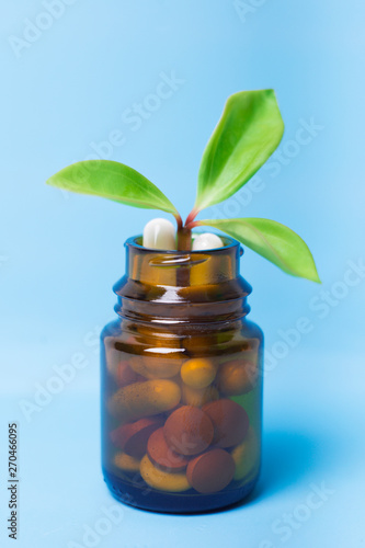 Herbal pills with medical plant. Natural tradicional medicine concept.