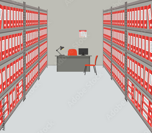 Archive. The room for storage of documents. The workplace of the archivist. There are shelves with red folders, a desk, a computer, chairs and other objects in the picture. Vector illustration