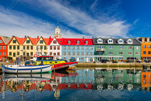 Torshawn city, the capital of The Faroe Islands, Denmark. Vestaravag harbor in Torshavn with its boats and colorful buildings