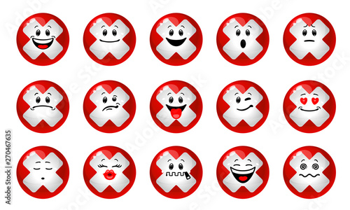 Vector emoticon set of cancel icons. Collection of red balls with cross shapes with different facial emotions in cartoon style