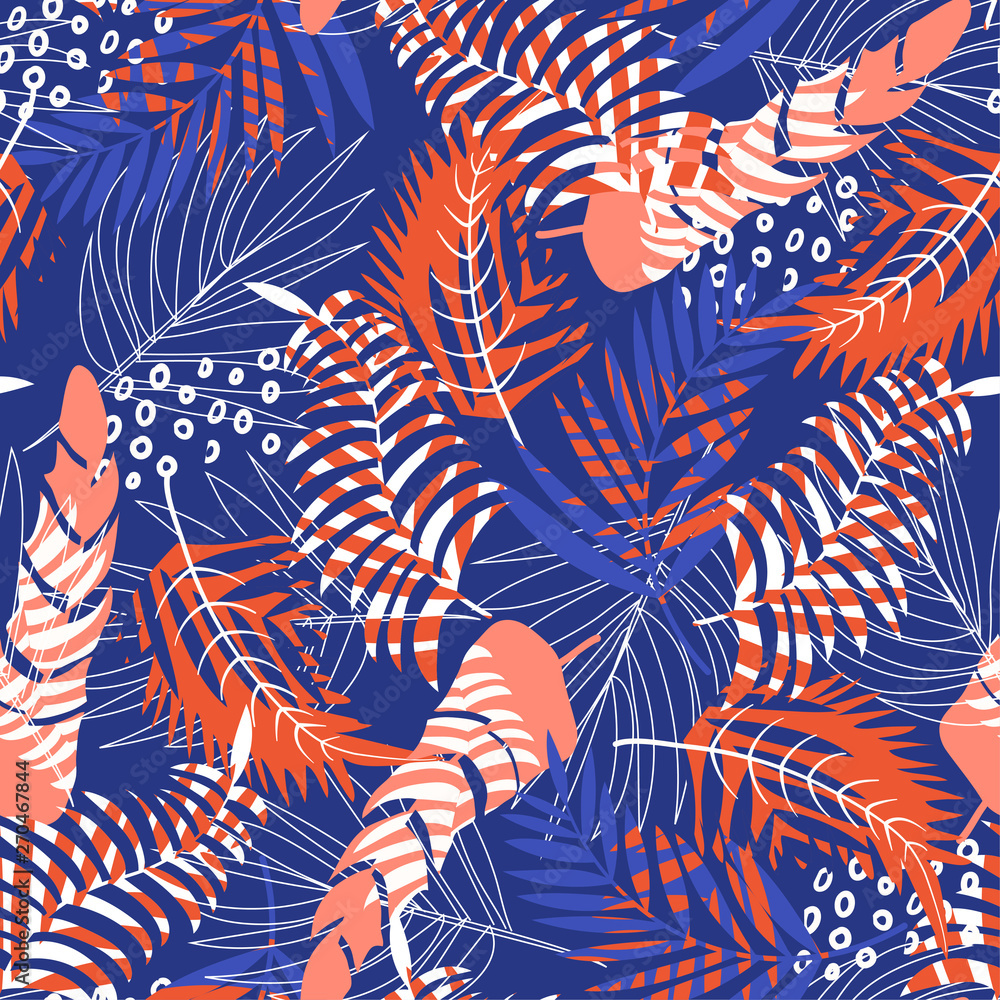 Bright seamless pattern with tropical plants on blue background. Vector design. Jungle print. Textiles and printing.