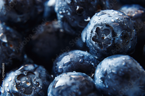 Nature background. Big beautiful water drops on ripe and juicy fresh picked blueberries closeup. Macro view of abstract nature texture and background organic pattern. Copy space. Macro shot