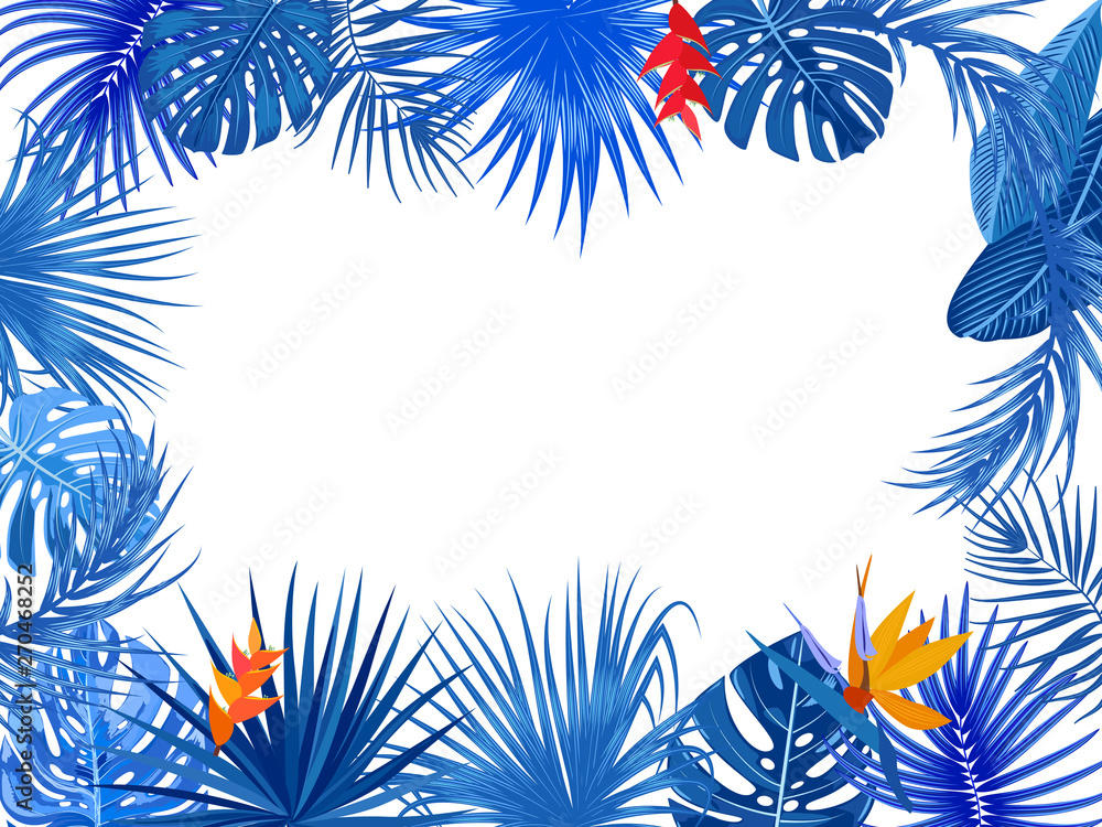 Vector tropical jungle frame with blue palm trees, flowers and leaves on white background