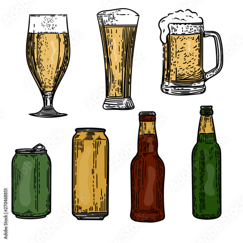 Vector hand drawn set of colorful cans, bottles and glasses of beers in the engraving style on white background.