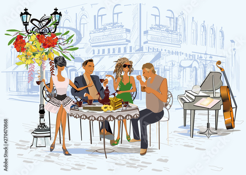 Series of colorful retro street views with fashion people in the old city. Hand drawn vector architectural background with historic buildings. Street musicians.