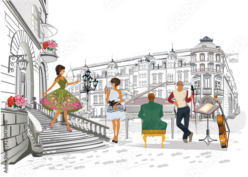 Series of colorful retro street views with fashion people in the old city. Hand drawn vector architectural background with historic buildings. Street musicians.