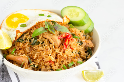 Thai Fried Rice with Chili and Basil. Popular Thai Food, Asian Food, Food Photography Concept.
