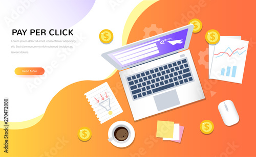 Top view of internet advertising symbols. Pay Per Click vector concept. Creative business illustration in flat style for uoyr design.