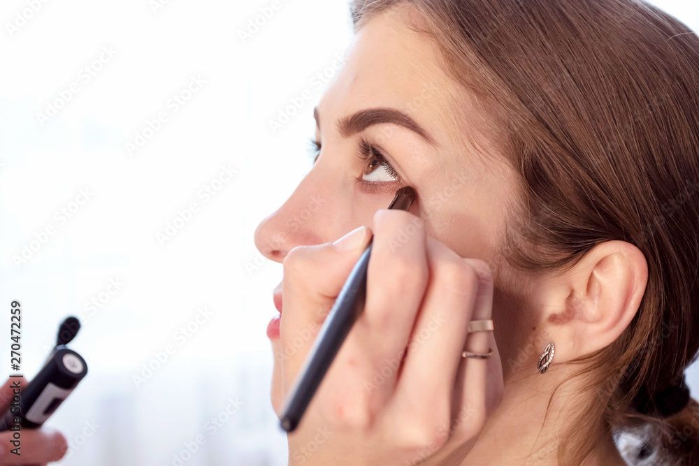Makeup artist makes evening make-up of young girl brown-haired. Concept of beauty, skin care, make-up. Makeup artist makes evening make-up of young girl brown-haired. Concept of beauty, skin care, make-up.