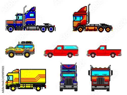 Set of pixel cars. Trucks and pickups. Vector drawing. Isolated objects on white background. Isolate.
