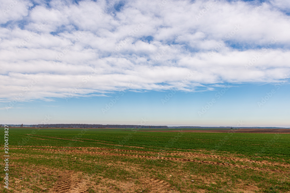 cultivated fields in countryside with dark and wet soil for agriculture.