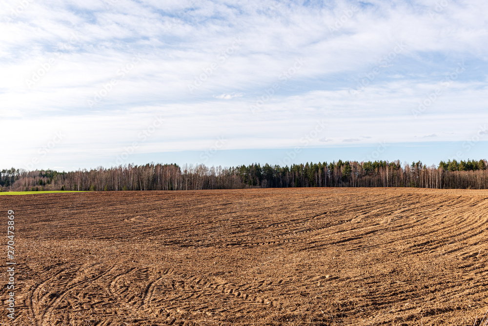 Obraz premium cultivated fields in countryside with dark and wet soil for agriculture.