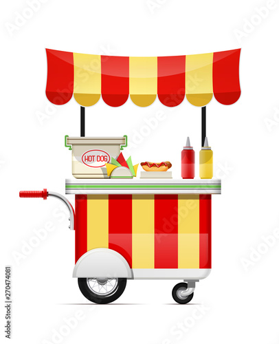 Hot dog cart. Fast food snack bar. Mobile shop. Vector illustration.